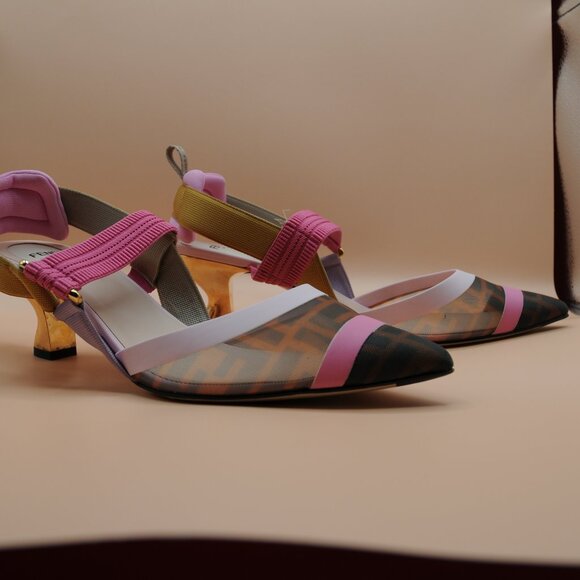 Fendi Colibri 55mm Mesh Slingback Pumps Pink Gold Monogram - Picture 2 of 7
